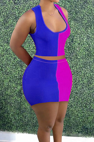 Blue Fashion Sexy Double Color Spliced Tank Short Skirts Two Piece PU6090-3