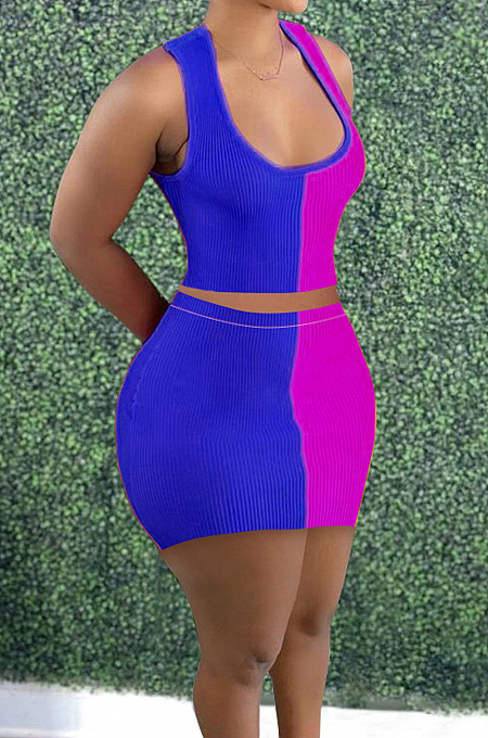 Blue Fashion Sexy Double Color Spliced Tank Short Skirts Two Piece PU6090-3