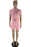 Pink Fashion Casual Short Sleeve Zipper Shorts Tight Two Piece LYY9312-4