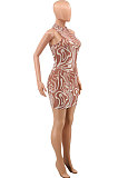 Brown Women Sexy Net Yarn Sleeveless Mini Dress PY817-1