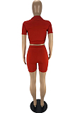 Red Fashion Casual Short Sleeve Zipper Shorts Tight Two Piece LYY9312-1