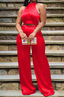 Red Women Pure Color Sleeveless Top Casual Pants Sets NK254-6