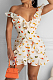 White Sexy Deep V Agaric Edge Butterfly Print Romper Shorts N9295