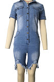 Euramerican Women Hole Denim Romper Shorts WE3023