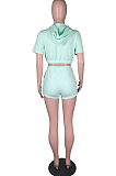 Cyan Green Casual Sports Zipper Cardigan Shorts Three Piece N9294-2
