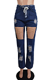 Blue Sping Summer Personality Waist Bind Casual Jeans LS6456