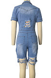 Euramerican Women Hole Denim Romper Shorts WE3023