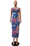 Blue Fashion Fake Two Piece Hollow Out One Shoulder Sling Slim Fitting Digital Print Dress CM2144-2