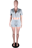 Grey Casual Sports Zipper Cardigan Shorts Three Piece N9294-1
