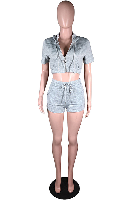 Grey Casual Sports Zipper Cardigan Shorts Three Piece N9294-1