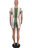 Green Summer V Neck Stripe Gridle Romper Shorts AMX6037-1