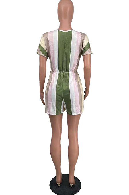 Green Summer V Neck Stripe Gridle Romper Shorts AMX6037-1