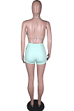 Cyan Green Casual Sports Zipper Cardigan Shorts Three Piece N9294-2