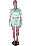 Cyan Green Casual Sports Zipper Cardigan Shorts Three Piece N9294-2