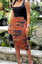 Brown Fashion Casual Ruffle High Stretch Net Yarn Print Skirts N9288-1