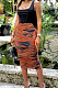 Brown Fashion Casual Ruffle High Stretch Net Yarn Print Skirts N9288-1