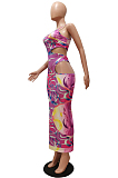 Purple Fashion Fake Two Piece Hollow Out One Shoulder Sling Slim Fitting Digital Print Dress CM2144-3