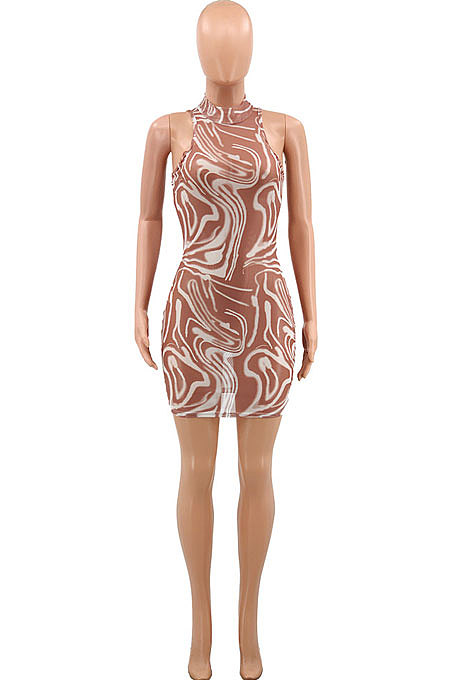 Brown Women Sexy Net Yarn Sleeveless Mini Dress PY817-1