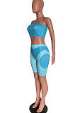 Light Blue Trendy Women Chest Wrap Tight Color Matching Shorts Sets HM5487-1