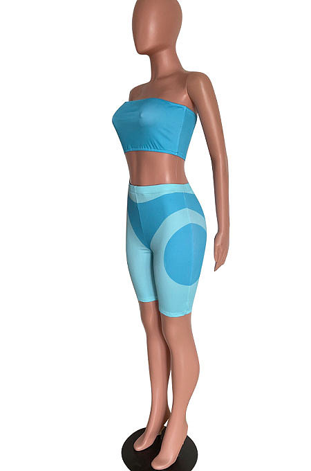 Light Blue Trendy Women Chest Wrap Tight Color Matching Shorts Sets HM5487-1