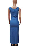 Blue Euramerican Women U Neck Condole Belt Tight Long Dress LD81007