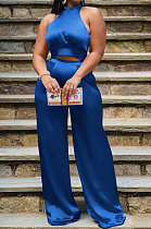 Dark Blue Women Pure Color Sleeveless Top Casual Pants Sets NK254-1