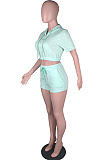 Cyan Green Casual Sports Zipper Cardigan Shorts Three Piece N9294-2