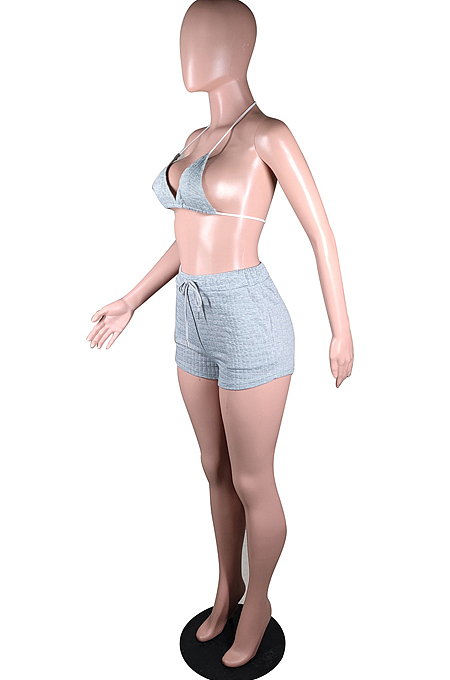 Grey Casual Sports Zipper Cardigan Shorts Three Piece N9294-1
