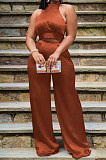 Coffee Women Pure Color Sleeveless Top Casual Pants Sets NK254-9