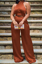Coffee Women Pure Color Sleeveless Top Casual Pants Sets NK254-9