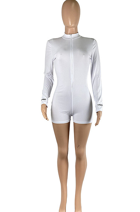 High Neck Screw Thread Letters Embroidered Zipper Casual Romper Shorts YLY1887