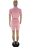 Pink Fashion Casual Short Sleeve Zipper Shorts Tight Two Piece LYY9312-4