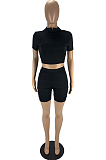 Black Fashion Casual Short Sleeve Zipper Shorts Tight Two Piece LYY9312-3