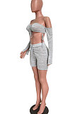 Gray Women Fashion Sexy Chest Wrap Long Sleeve Eyelet Bandage Shorts Sets HM5489