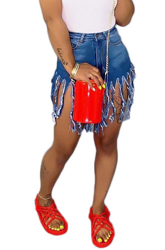 Euramerican Women Casual Tassel Denim Skirts AMM8360