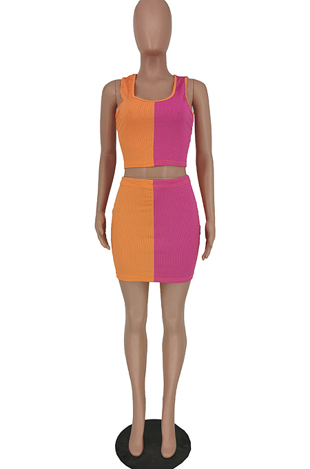 Pink Fashion Sexy Double Color Spliced Tank Short Skirts Two Piece PU6090-1