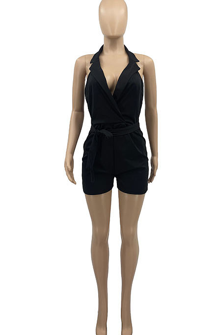 Black Euramerican Women Pure Color Backless Deep V Neck Belt Romper Shorts AD0602-1