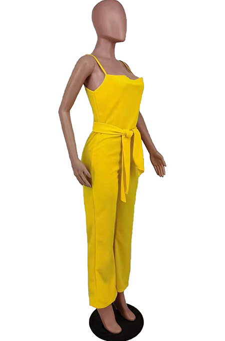 Yellow Fashion Pure Color Collect Waist Sexy Jumpsuits AMX6080