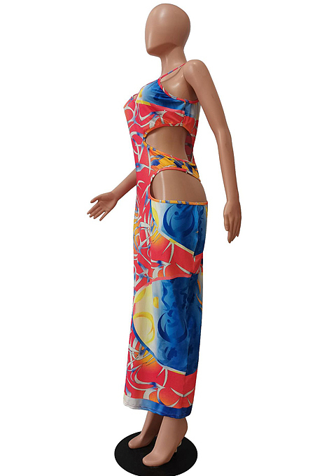 Red Fashion Fake Two Piece Hollow Out One Shoulder Sling Slim Fitting Digital Print Dress CM2144-1