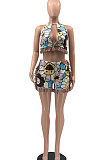 Sun Printing Tassel Vest Sleeveless Sexy Navel Exposure Tops Shorts Sets MLM9073-4