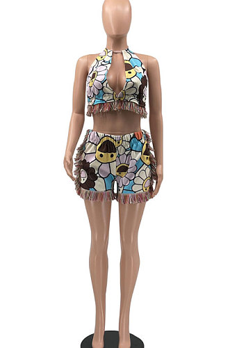 Sun Printing Tassel Vest Sleeveless Sexy Navel Exposure Tops Shorts Sets MLM9073-4