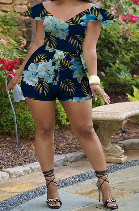 Flower White Euramerican Women Fashion Printing Romper Shorts PY825-3