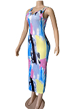 Color Ink Graffiti Print Sexy V Neck Tank Dress WM2164-1