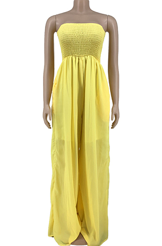 Yellow Fashion Sexy Boot Tube Top Shirred Detail Wide Leg Jumpsuits DN8615-4