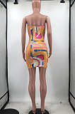 Orange Euramerican Women Fashion Printing Sexy Chest Wrap Mini Dress HYM86811