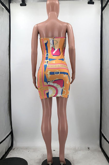 Orange Euramerican Women Fashion Printing Sexy Chest Wrap Mini Dress HYM86811