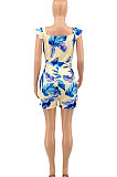 Flower Blue Euramerican Women Fashion Printing Romper Shorts PY825-1