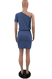 Navy Blue Summer One Shoulder Mid Waist Sexy Loose Pure Color Dress TD80050-3