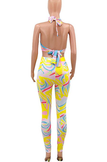Yellow Color Women Ring Sexy Hollow Out PrintingBodycon Jumpsuits PY0830-2
