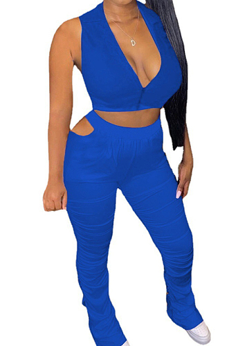 Peacock Blue Sexy Zipper Sleeveless Ruffle Long Pants Sets WM2610-2